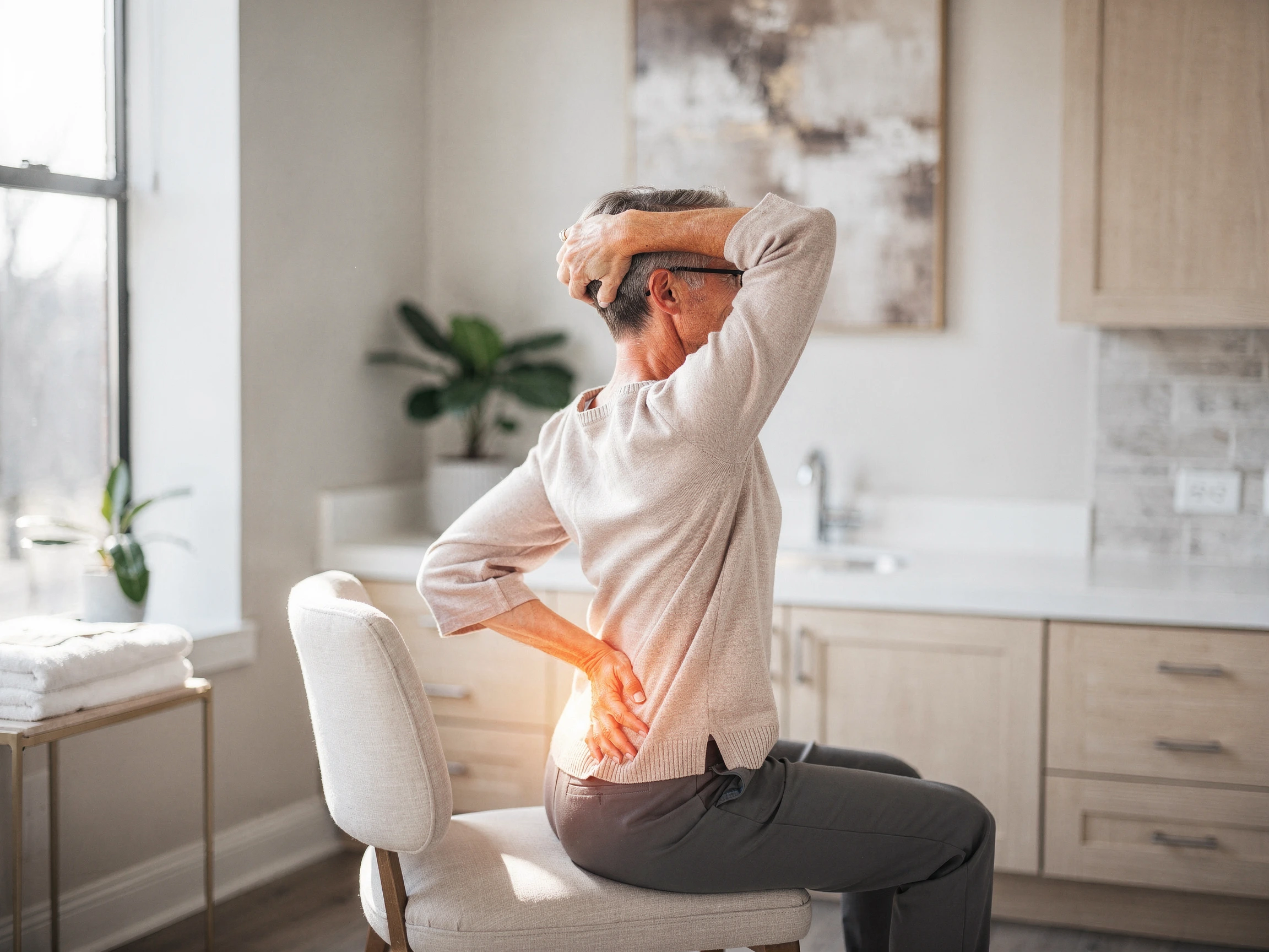 Man seated indoors experiencing lower back and neck pain, with highlighted areas showing discomfort